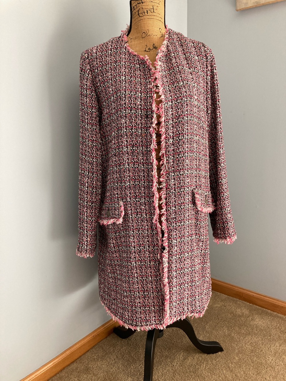 MARELLA Pink Multi-Thread Tweed Fringe Coat Jacket